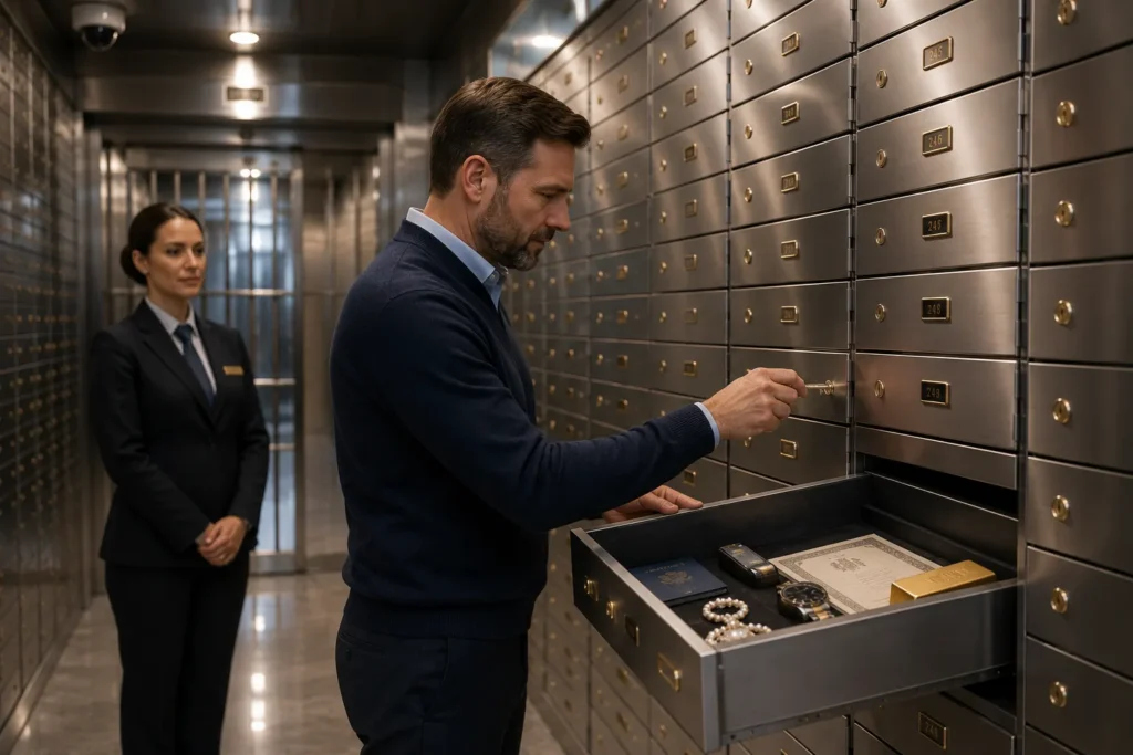 Customer unlocking a private safe deposit box while a vault officer supervises inside a secure UK vault with monitored access and professional security.