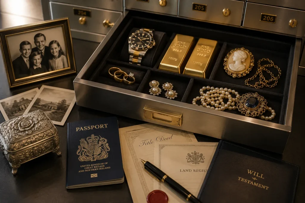 Open safe deposit box containing wedding rings, family photographs, passport, property documents, gold bars, luxury watch, antique jewellery, and treasured heirlooms inside a secure UK vault.