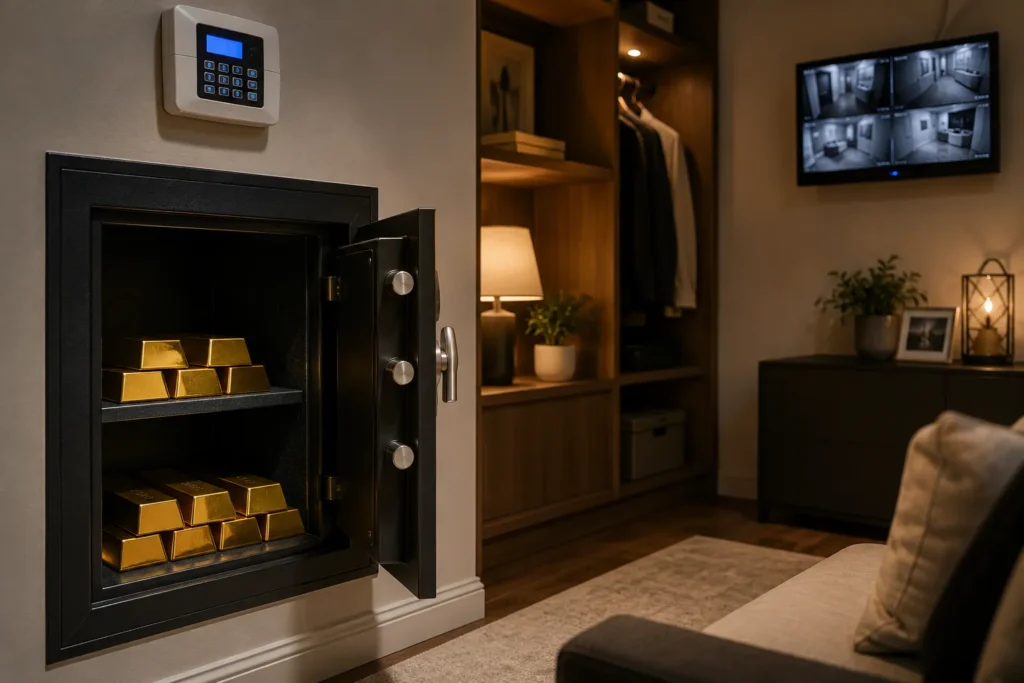 Home safe storing gold bars with home security system and CCTV monitoring for secure residential gold storage