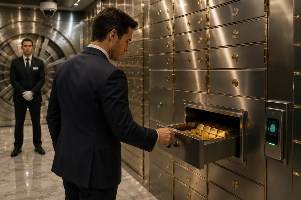 Private safe deposit box for gold with customer accessing secure vault storage protected by biometric security and reinforced vault walls