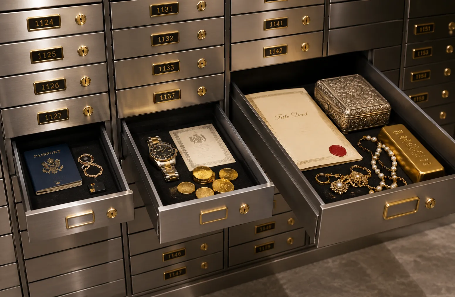Different sizes of safe deposit boxes displaying passports, jewellery, gold coins, luxury watch, property deeds, gold bullion, and family valuables inside a secure UK vault.
