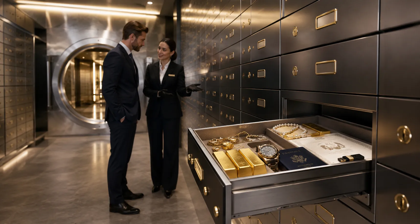 Premium safe deposit box displaying gold bars, jewellery, passport, property deeds, and luxury watch inside a secure vault facility in the UK.