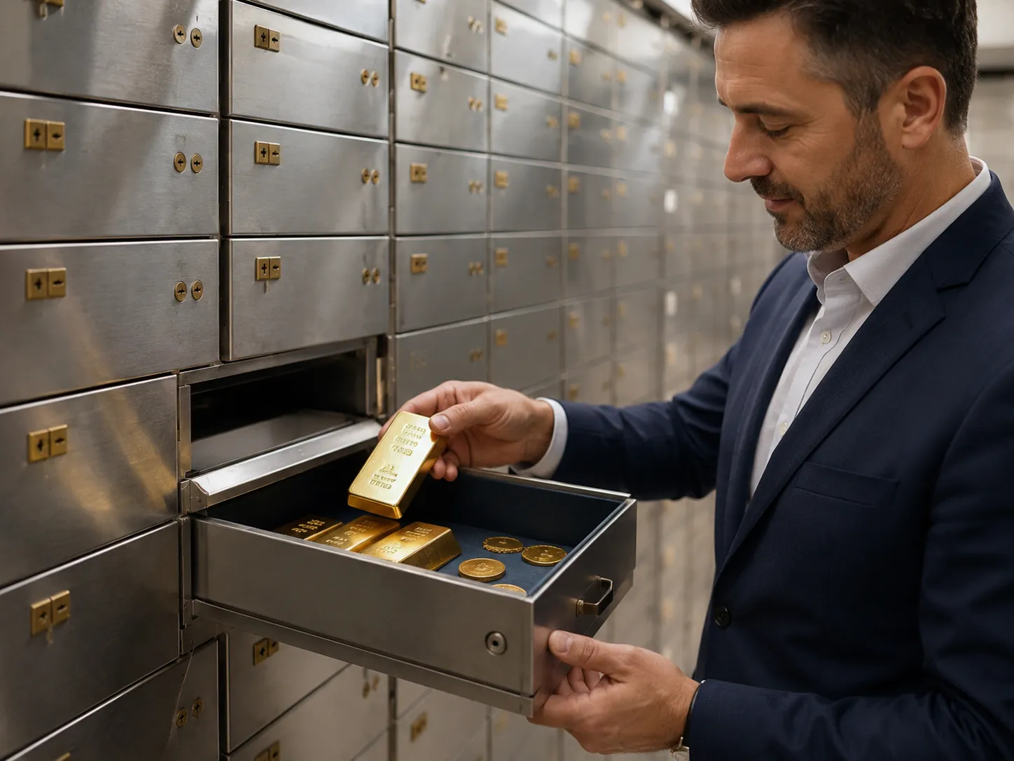 Man placing gold bars into a secure safe deposit box inside a professional vault facility.