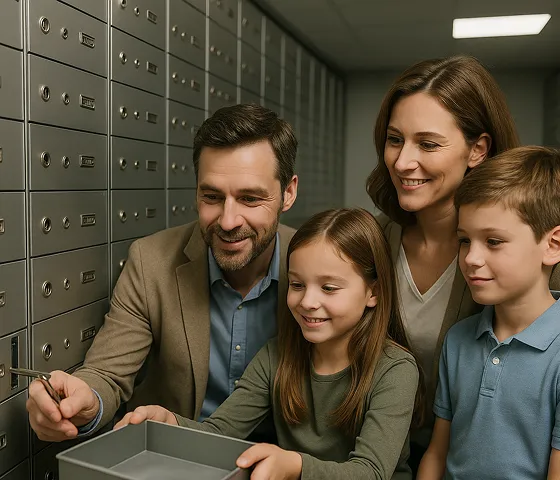 Family accessing safe deposit boxes in Preston at a secure private vault.