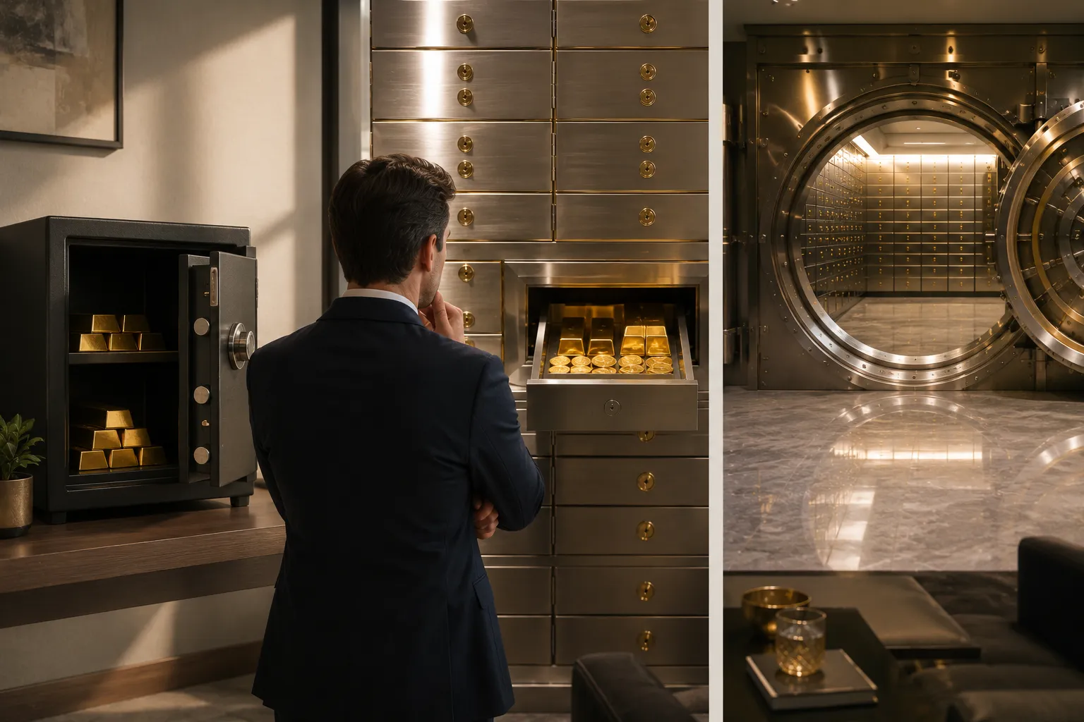 Where to store gold comparison showing a home safe, private safe deposit box, and bank vault for secure gold storage.