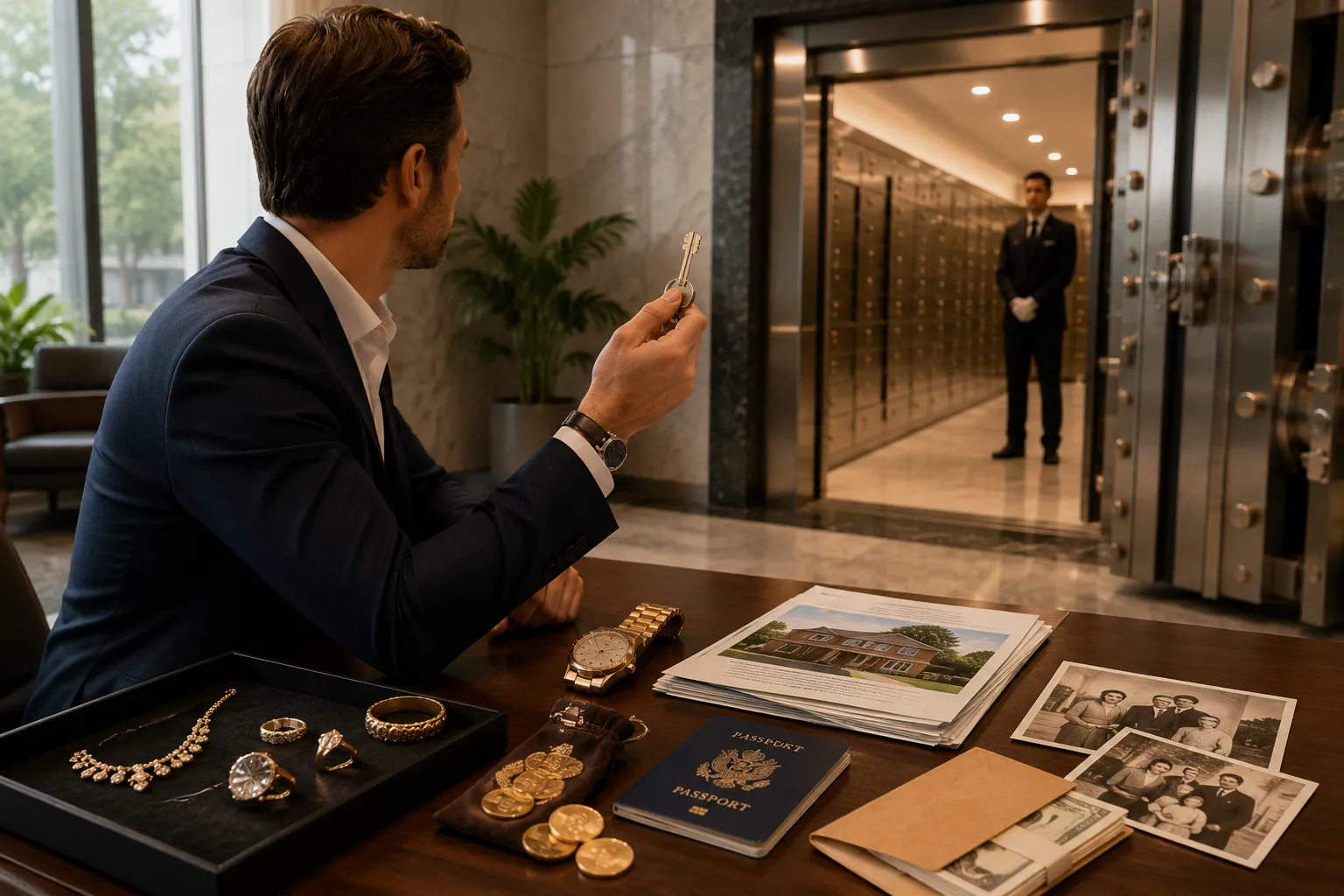 Customer holding a safe deposit box key while comparing jewellery, gold coins, passport, documents, cash, and family photographs before choosing secure private vault storage.