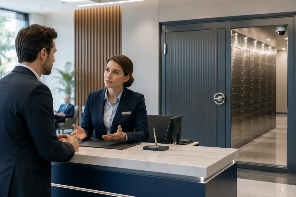 Customer speaking with a bank representative in a modern UK bank reception while a closed safe deposit box room is visible in the background, illustrating limited bank vault availability.