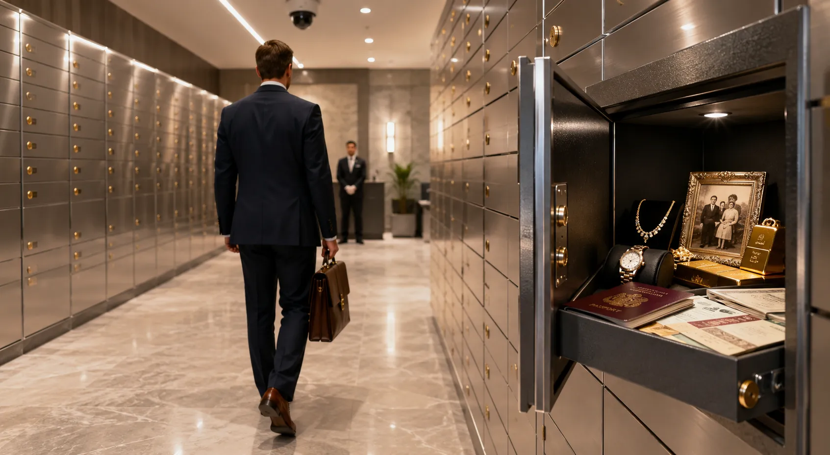Customer walking through a modern private vault corridor toward secure safe deposit boxes with jewellery, gold, passport, documents, and valuables stored inside an open vault.