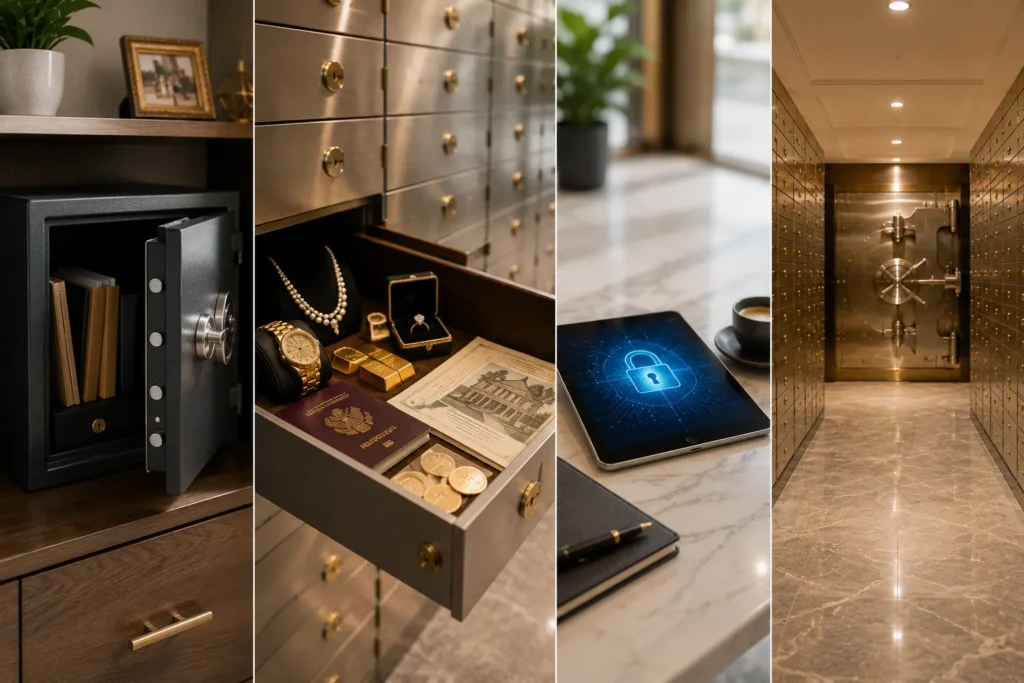 Comparison of home safe, private safe deposit box, digital vault, and traditional bank vault showing secure storage options for documents, jewellery, gold, and valuable assets.