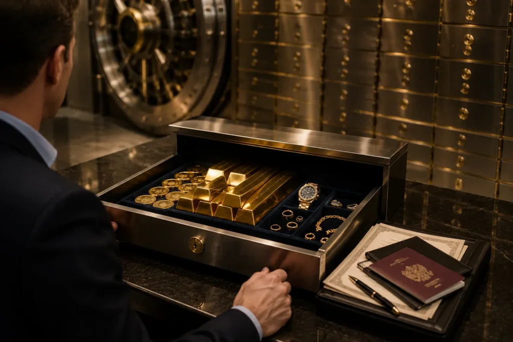 Professional safe deposit box storing gold bars, coins, jewellery, passport, and important documents inside a secure private vault