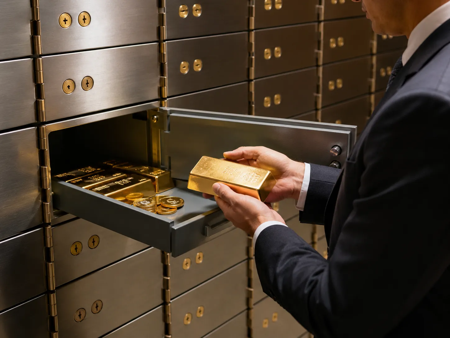 Man placing gold bars into a secure safe deposit box for gold storage.