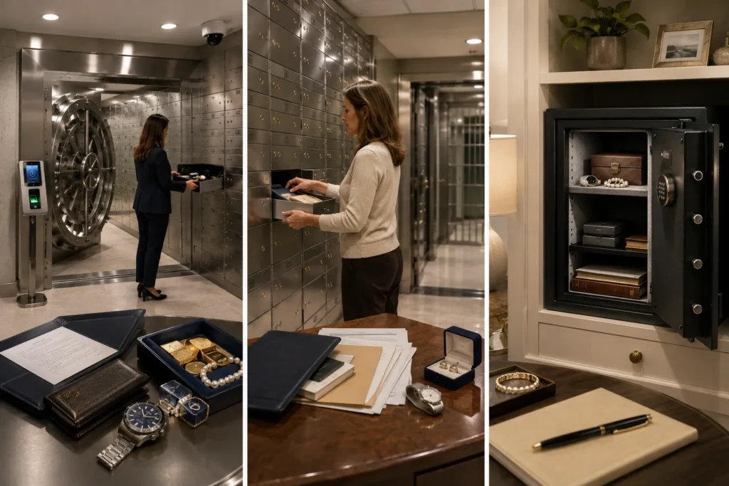 Comparison of private vault, bank safe deposit box, and home safe options for protecting documents, jewellery, watches, and valuables.