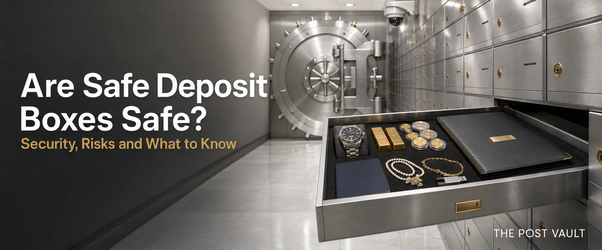 Premium private safe deposit box containing gold, jewellery, a luxury watch, passport and property documents inside a secure modern vault.