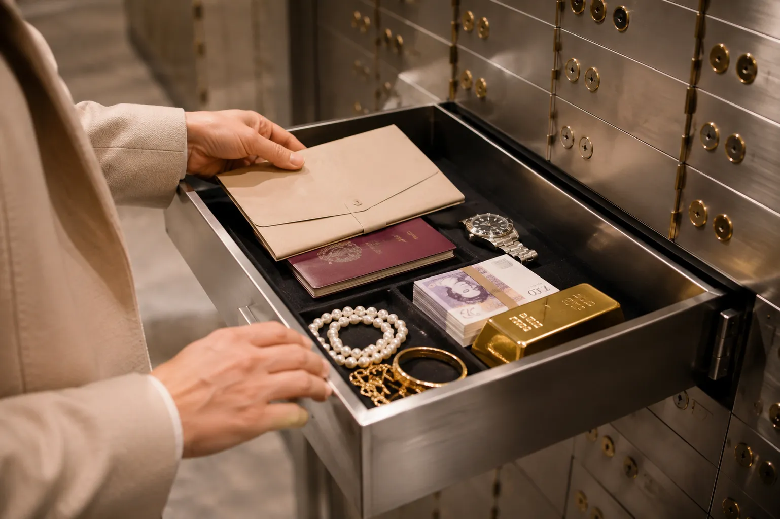 Customer placing documents and valuables inside a secure private safe deposit box.