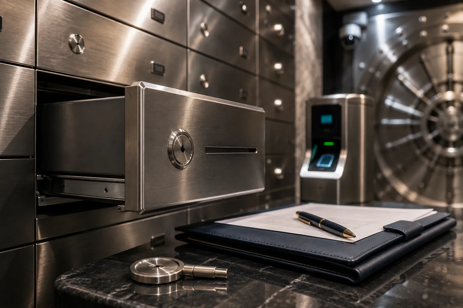 Stainless steel safe deposit box with biometric access, legal documents, and reinforced vault security.