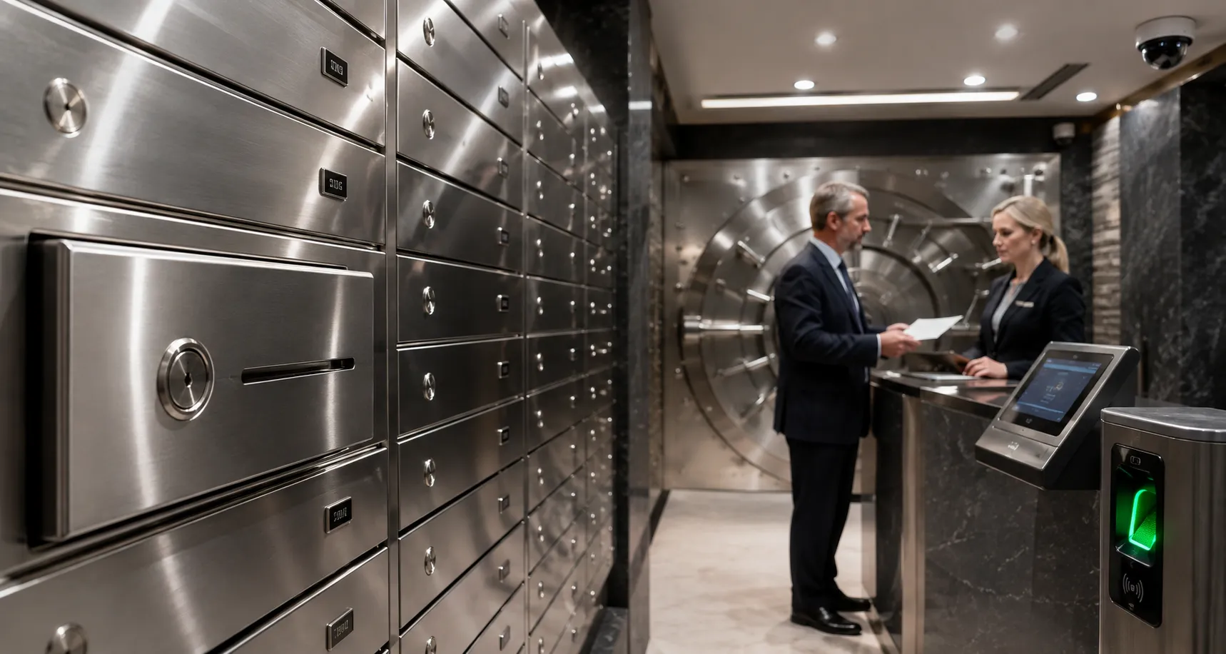 Secure safe deposit boxes with biometric access as an authorised professional presents legal documents to a private vault representative.