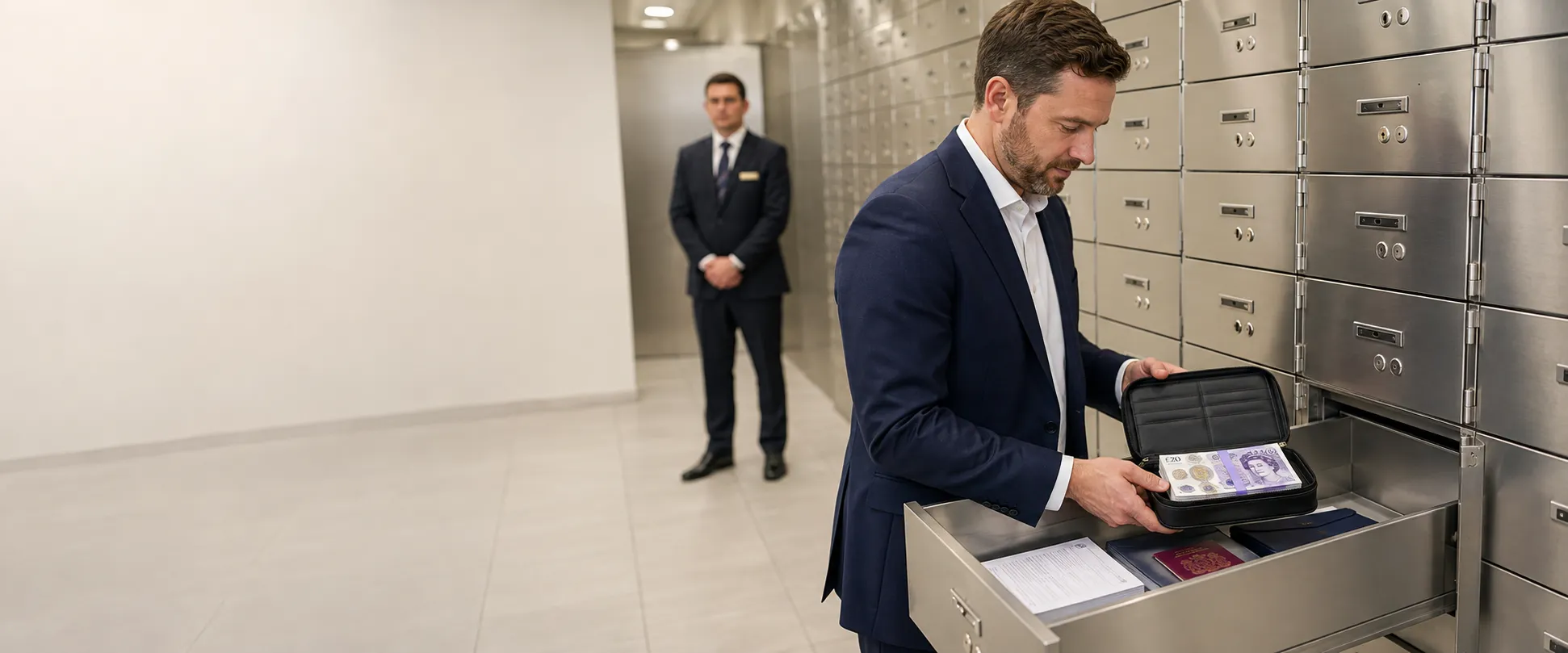 Professionally dressed customer placing an organised British cash wallet and important documents inside a secure private safe deposit box.