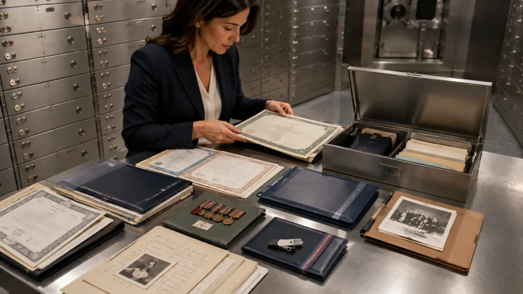 Customer organising important documents, certificates, family records and digital backups beside an open safe deposit box in a secure private vault.