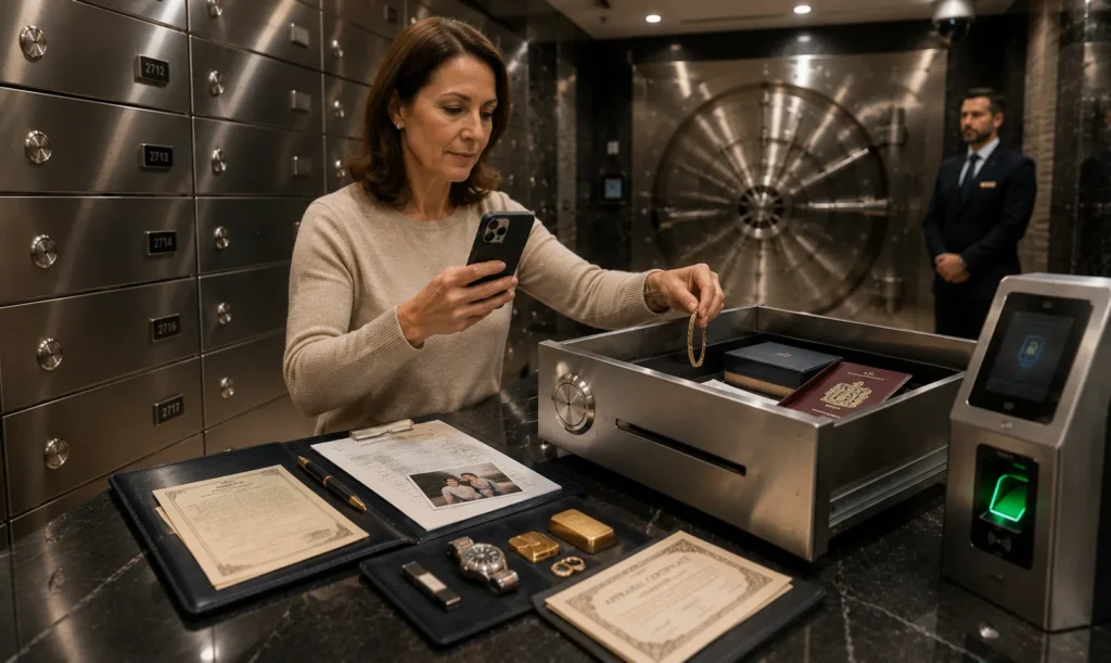 Customer documenting jewellery and valuables before placing them in a secure safe deposit box with biometric access.