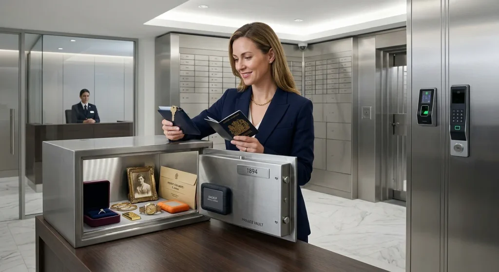 Woman reviewing a passport and keys beside an open safe deposit box containing jewellery, gold, important documents and family valuables inside a secure private vault.