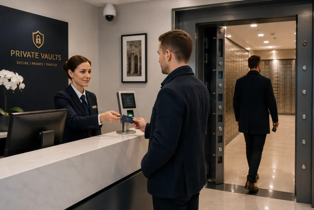 Customer verifying access at a private vault reception with biometric security, CCTV, and secure safe deposit boxes.