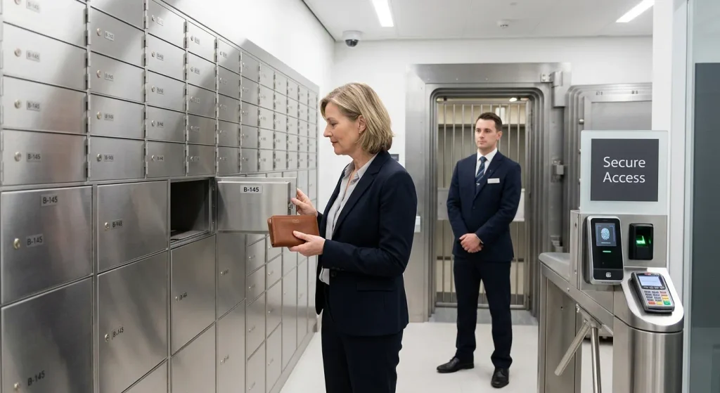 Woman accessing a safe deposit box inside a secure private vault with biometric entry and professional staff supervision.