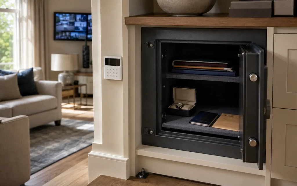 Securely installed home safe containing organised documents, a passport, luxury watch and jewellery case in a modern home.