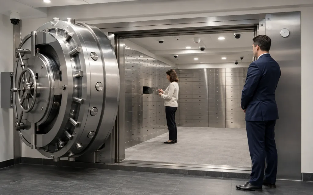 Customer using a physical key to access a safe deposit box under CCTV monitoring inside a secure private vault.