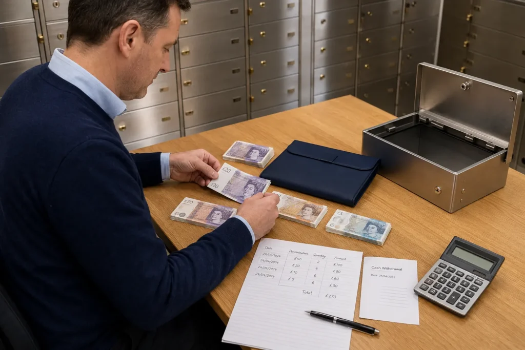 Customer counting and documenting British cash before placing it in a protective wallet for secure safe deposit box storage.