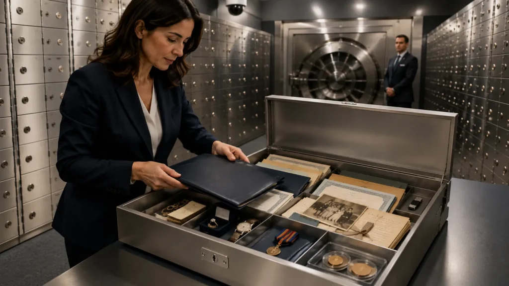 Customer placing important documents, family records, jewellery and sentimental keepsakes into a secure safe deposit box inside a professional private vault.