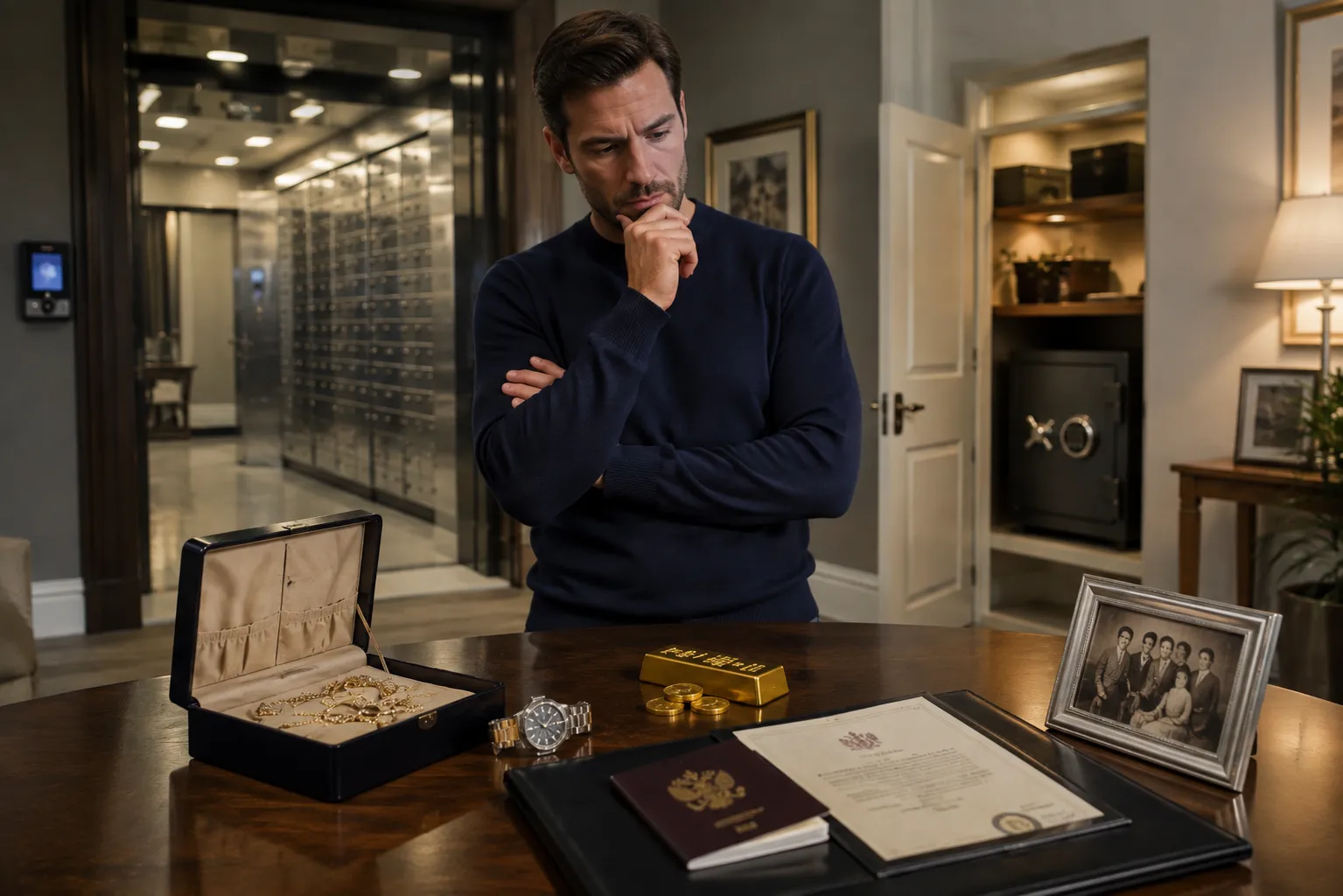 Man choosing between a safe deposit box and home safe for storing jewellery, gold, important documents and family valuables.