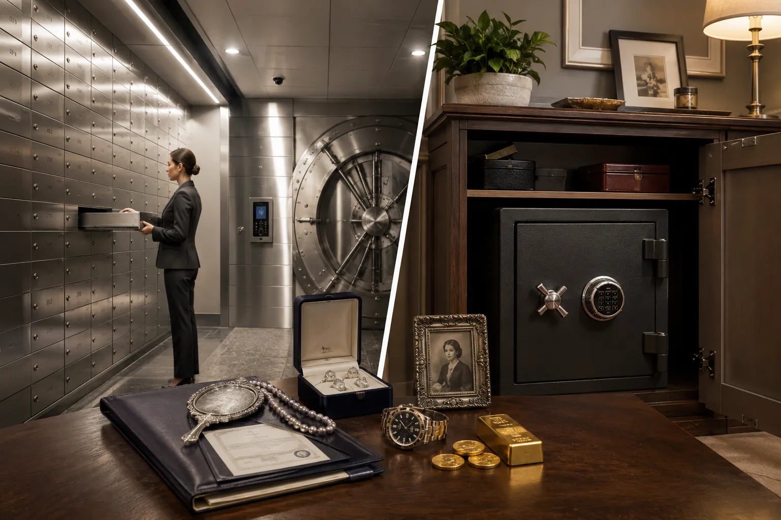 Safe deposit box vs home safe comparison showing a secure private vault, home safe, jewellery, gold, watch and important documents.