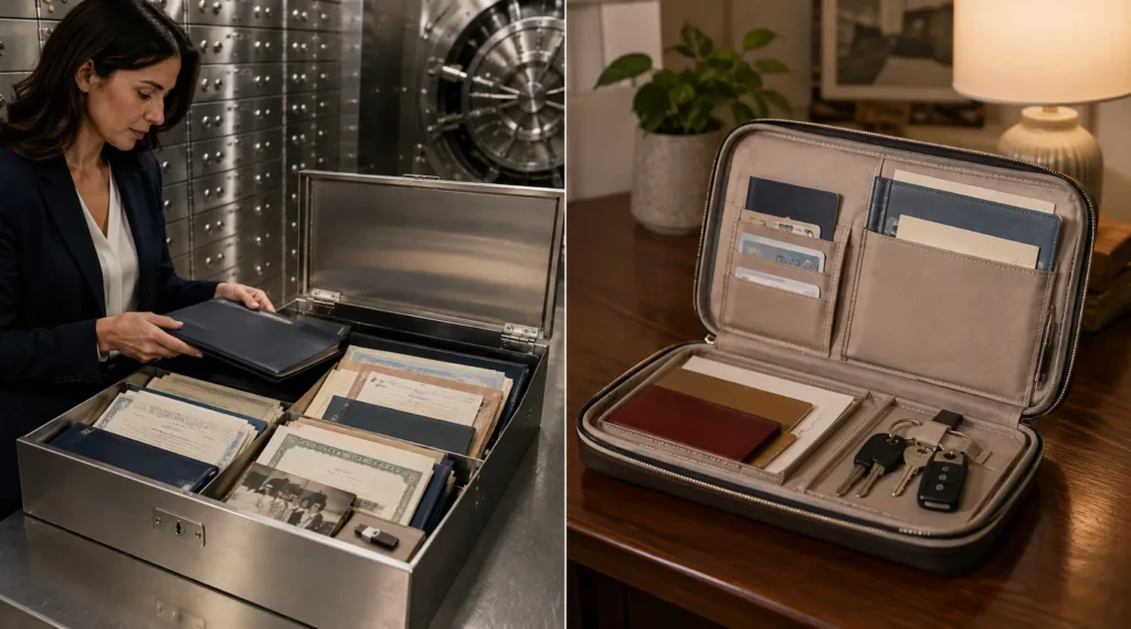 Safe deposit box storing long term documents alongside an organised home case for passports, emergency records and frequently needed items.