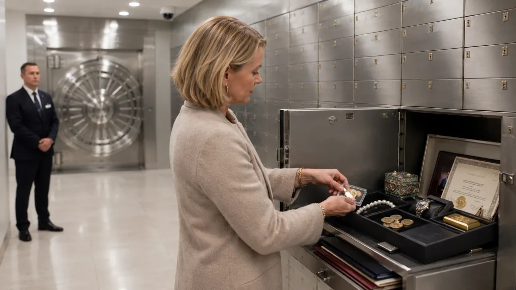 Woman placing rare coins into a secure safe deposit box containing jewellery, gold, a luxury watch, important documents and family valuables inside a private vault.