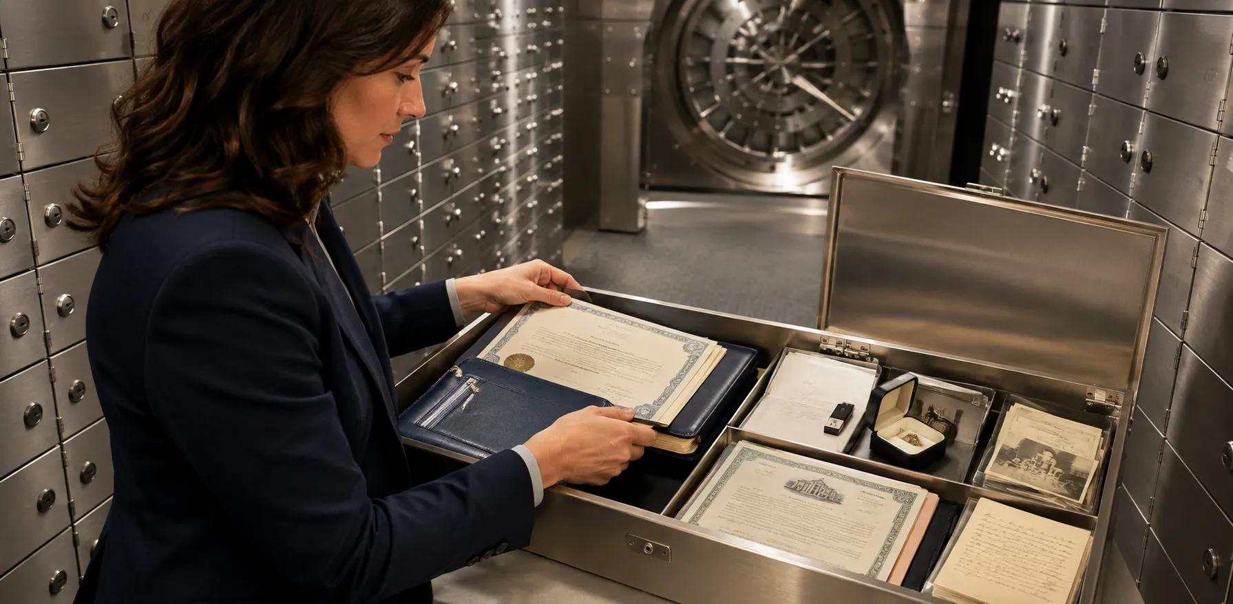 Important documents, legal records and family keepsakes organised securely inside a private safe deposit box.