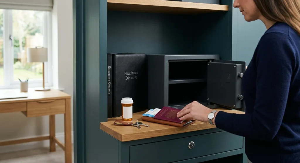 Woman storing a passport, medication, keys and healthcare documents in a secure home safe for quick and convenient access.