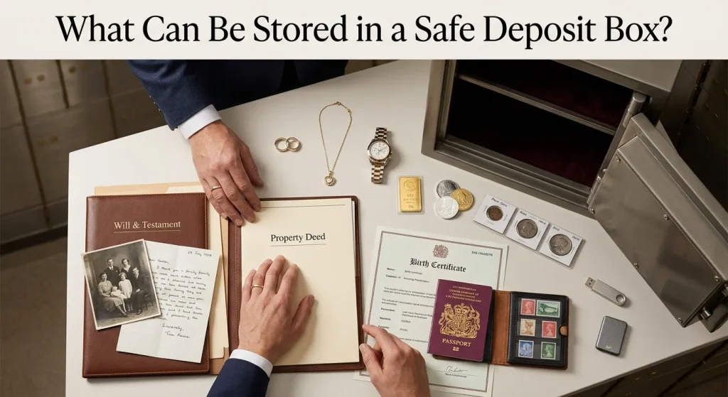 Open safe deposit box beside jewellery, gold, important documents, passport, family keepsakes, collectibles and digital storage items.