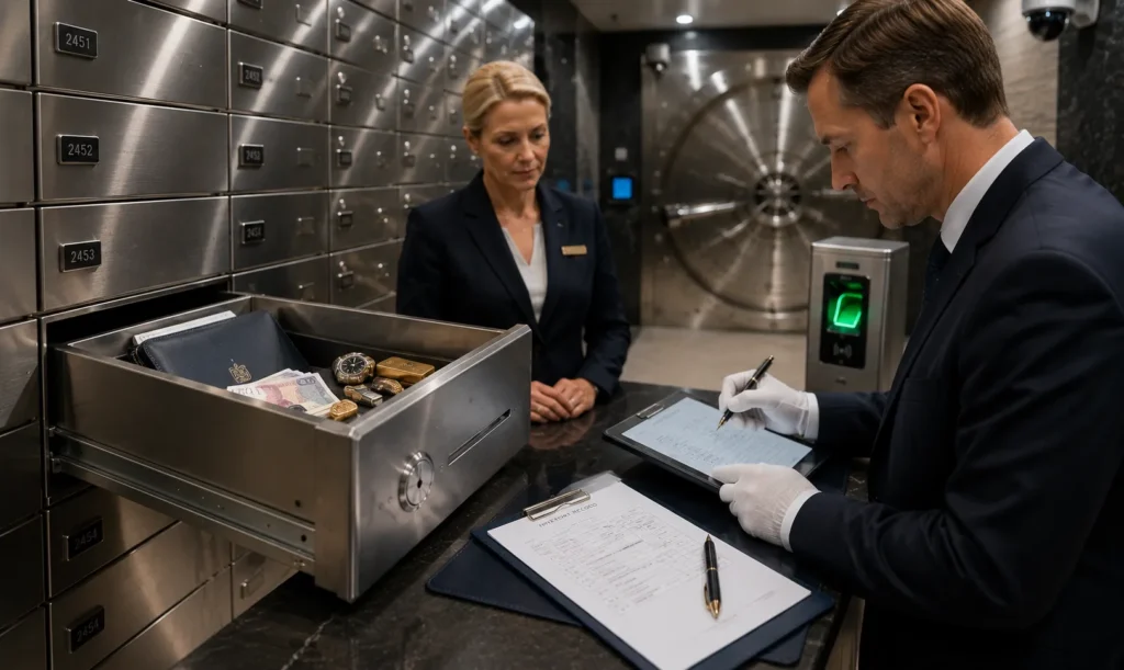 Authorised official documenting valuables from an open safe deposit box while a vault representative observes the legal process.