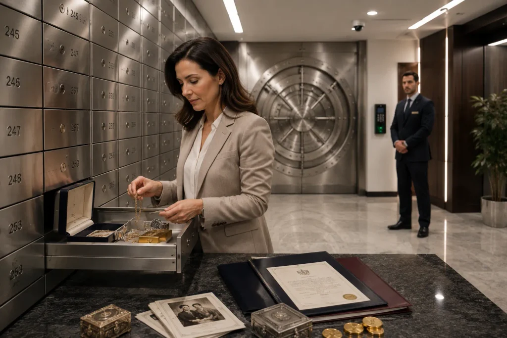 Customer organising jewellery, gold and important documents inside a secure safe deposit box at a private vault.