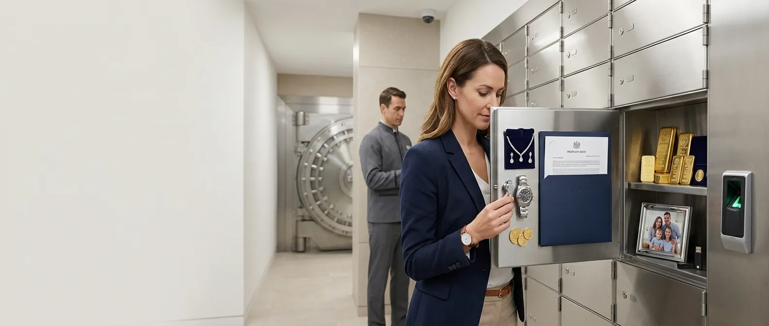 Woman accessing a secure safe deposit box containing jewellery, gold, important documents and family valuables inside a private vault.
