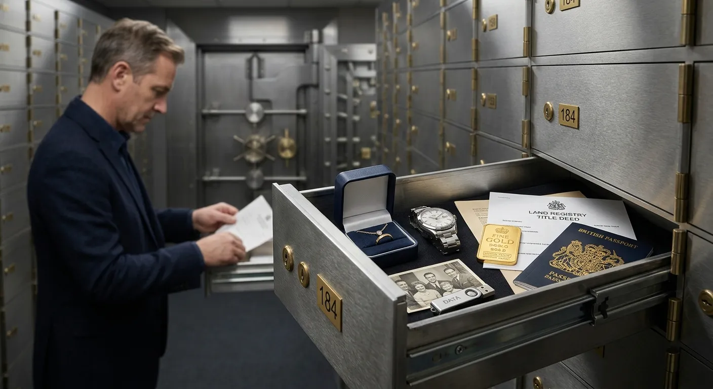 Man accessing an open safe deposit box containing jewellery, gold, a passport, property documents, a watch and personal keepsakes inside a secure private vault.