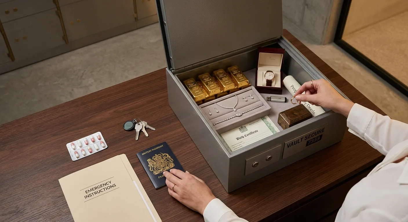 Open safe deposit box containing gold, jewellery, a watch and important documents, with passport, medication, keys and emergency instructions kept outside for easier access.