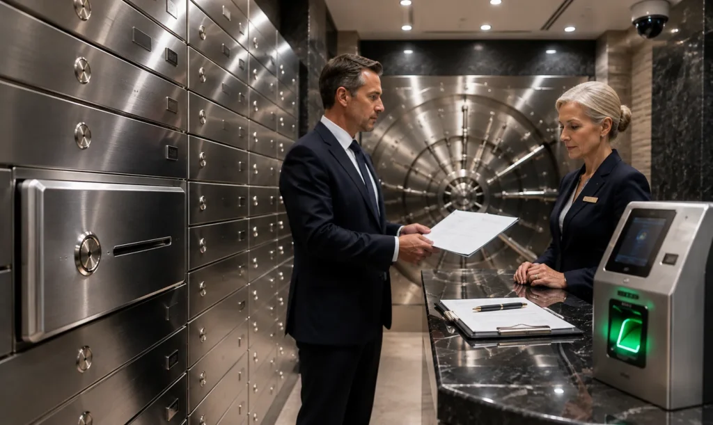 Authorised official presenting legal documents to a vault representative inside a secure safe deposit box facility with biometric access.