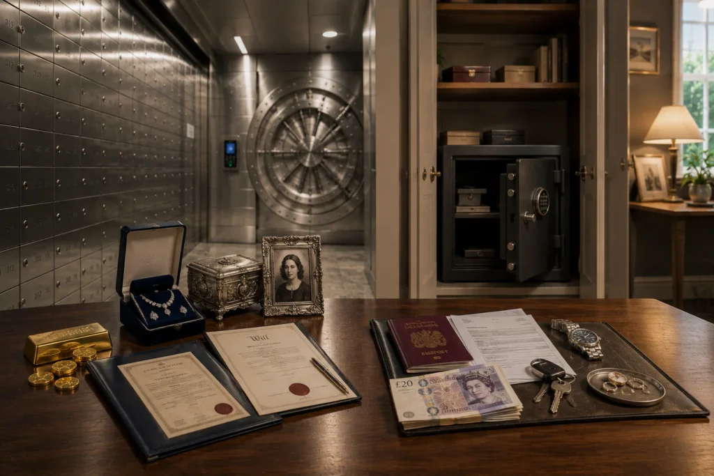 Safe deposit box and home safe comparison showing gold, jewellery, documents, passport, cash and family heirlooms.