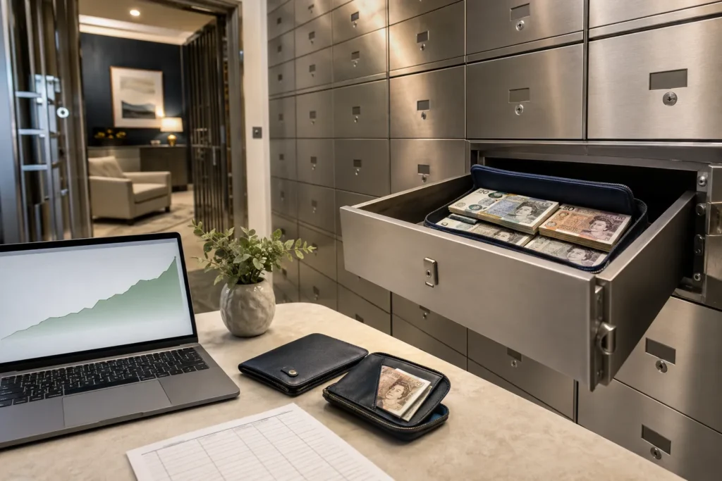 Balanced approach to keeping cash in a safe deposit box, alongside emergency funds and digital savings.