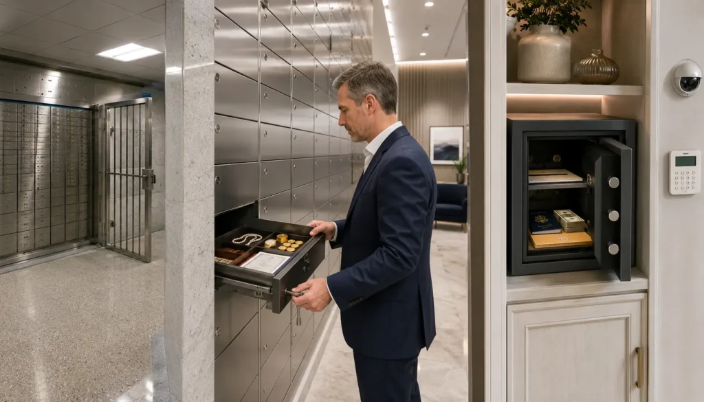 Comparison of a traditional bank vault, a premium private safe deposit box, and a securely installed home safe for storing valuables.