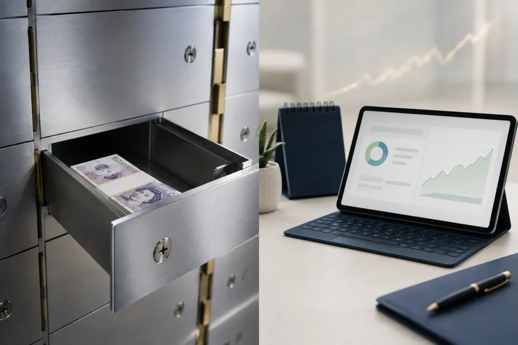 Comparison of keeping cash in a safe deposit box and holding money in an interest earning savings account.