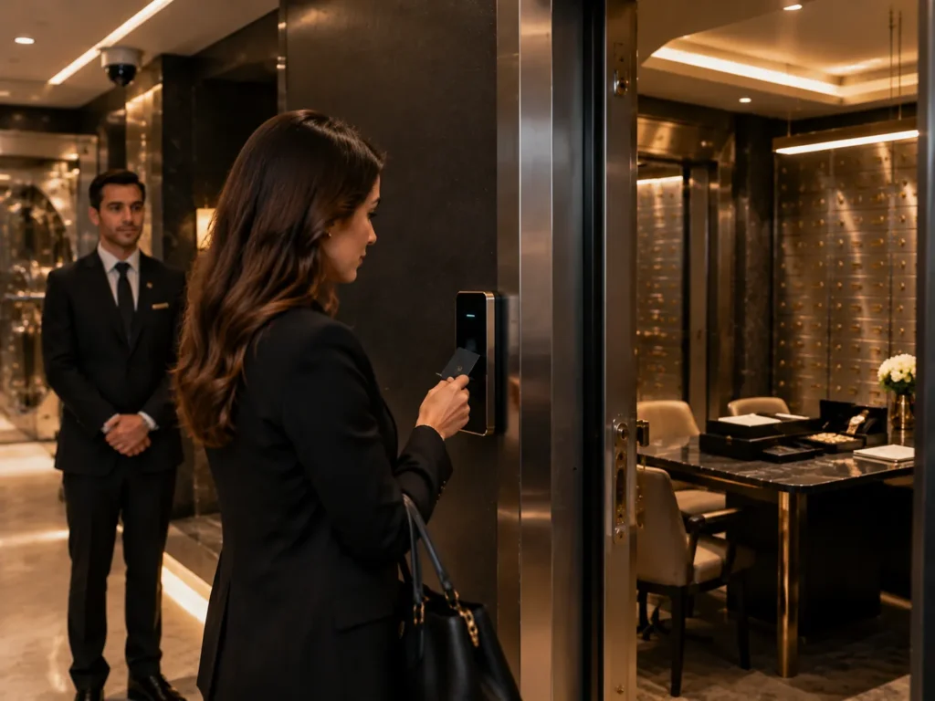 Customer accessing a private safe deposit box using secure access card system inside a premium vault facility