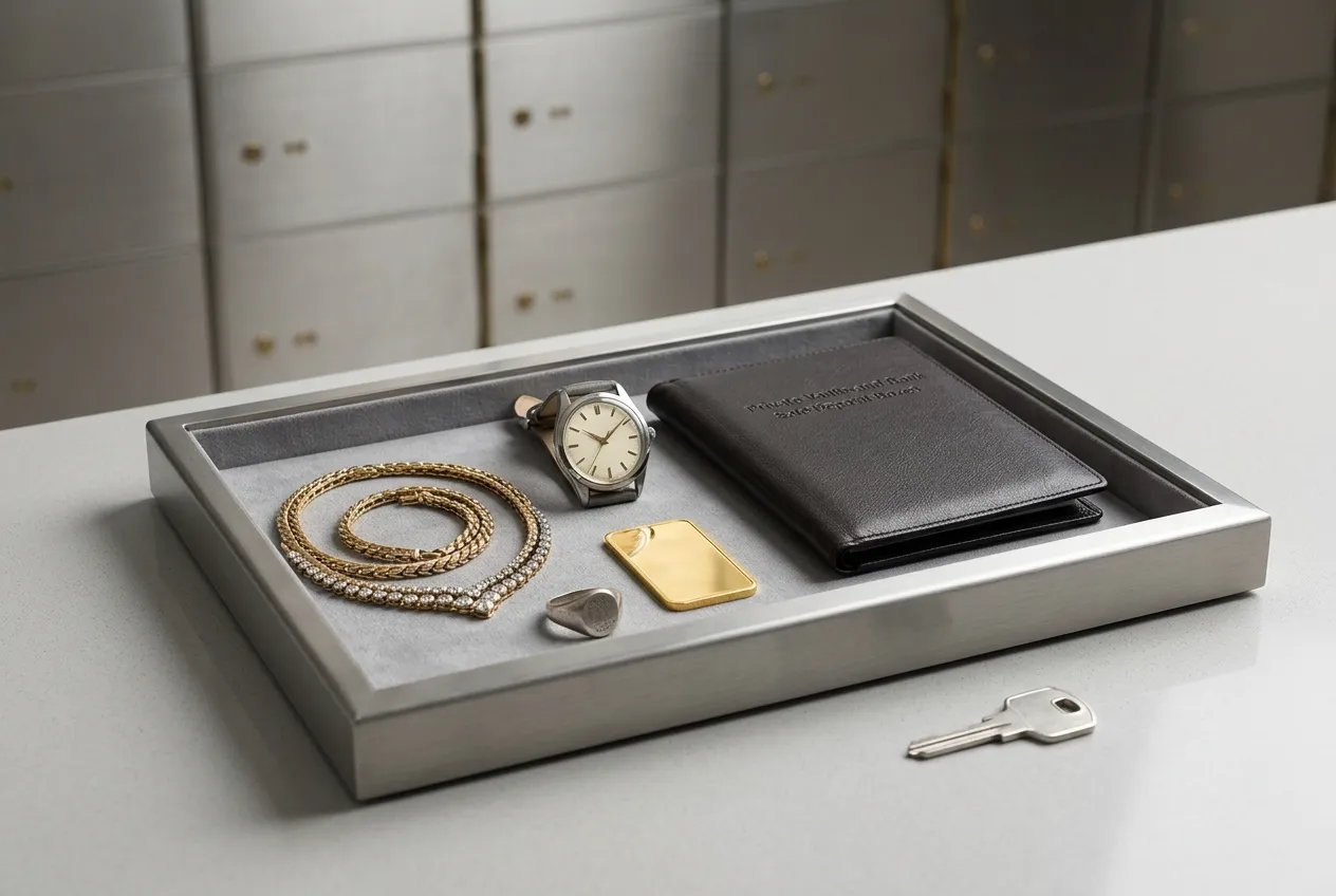 Jewellery, a watch, gold and a document wallet beside an open safe deposit box tray.