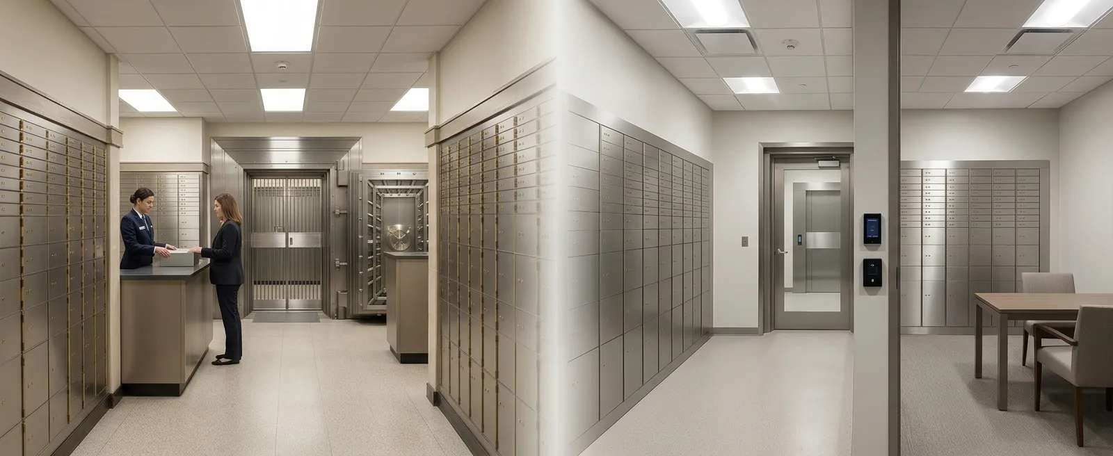 Side by side bank and private vault interiors with rows of safe deposit boxes and reinforced entrances.